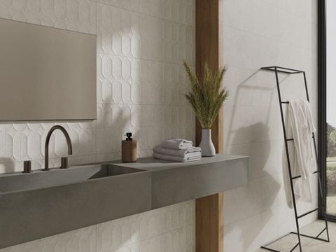 Arbia Ash ceramic tiles fitted in a room, grey, matt