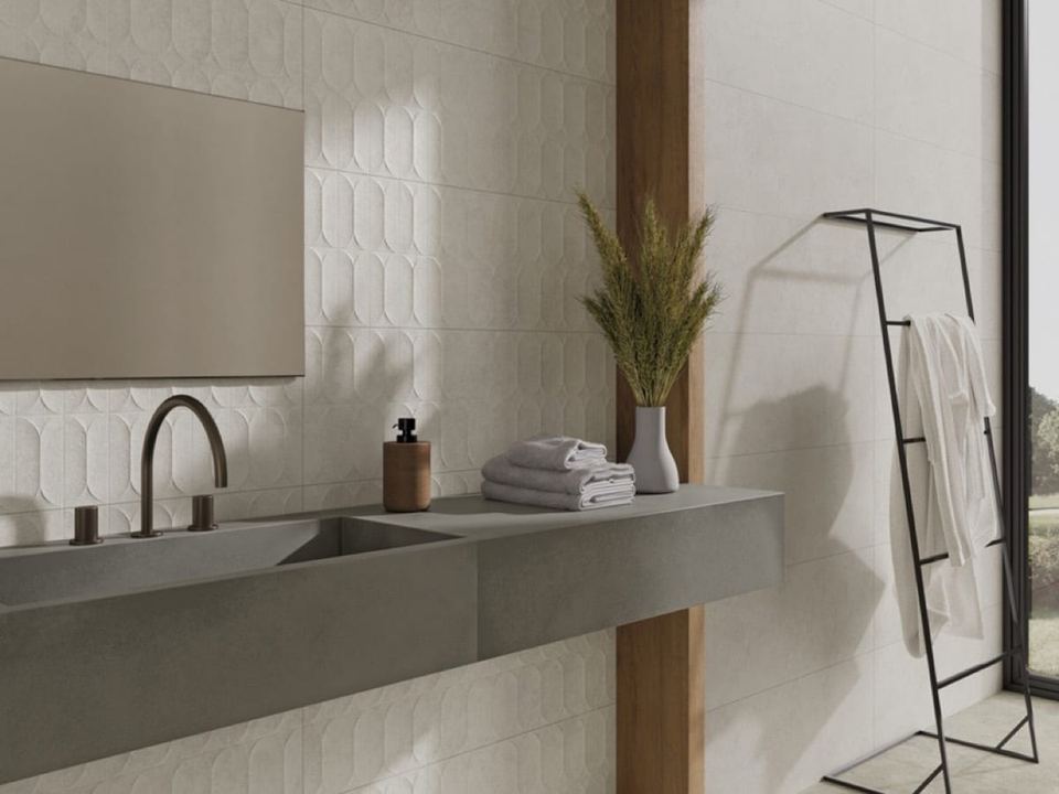 Arbia Ash ceramic tiles fitted in a room, grey, matt