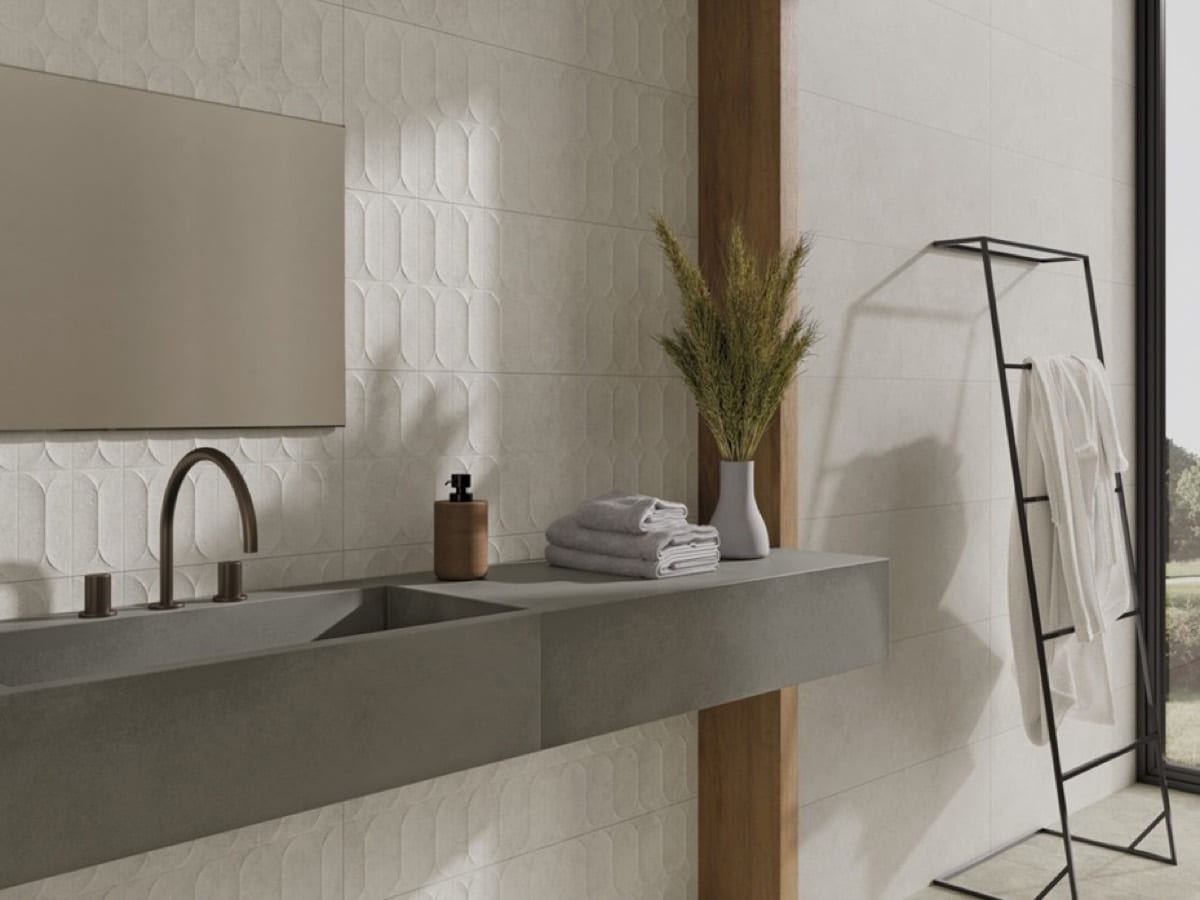 Arbia Ash ceramic tiles fitted in a room, grey, matt