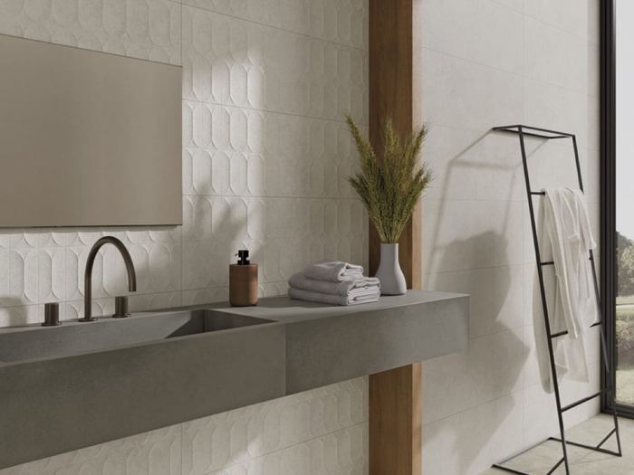 Arbia Ash ceramic tiles fitted in a room, grey, matt