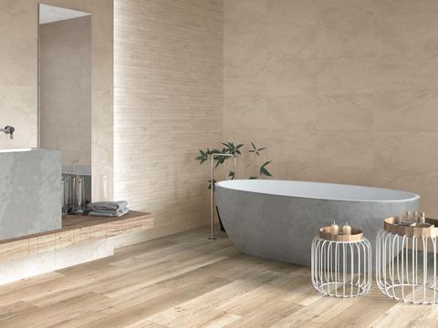 Artan Crema ceramic tiles fitted in a room, cream & beige, matt