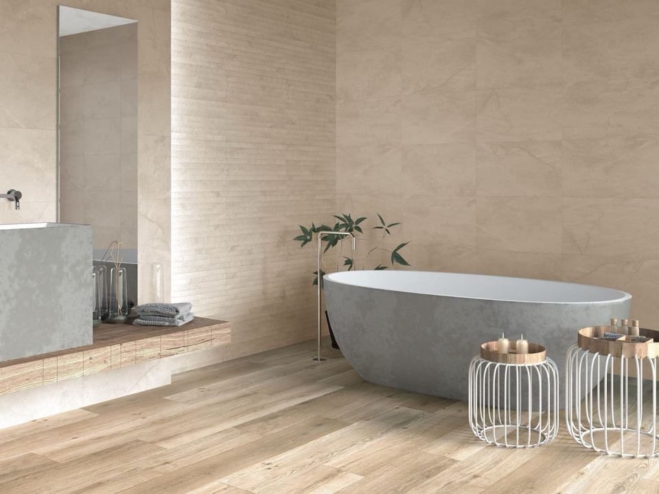 Artan Crema ceramic tiles fitted in a room, cream & beige, matt