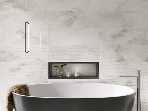 Aruma Gris ceramic tiles fitted in a room, marble-effect, gloss & polished