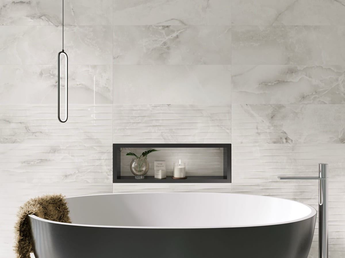 Aruma Gris ceramic tiles fitted in a room, marble-effect, gloss & polished