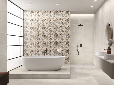 Asphalt Off White ceramic tiles fitted in a room, white, matt