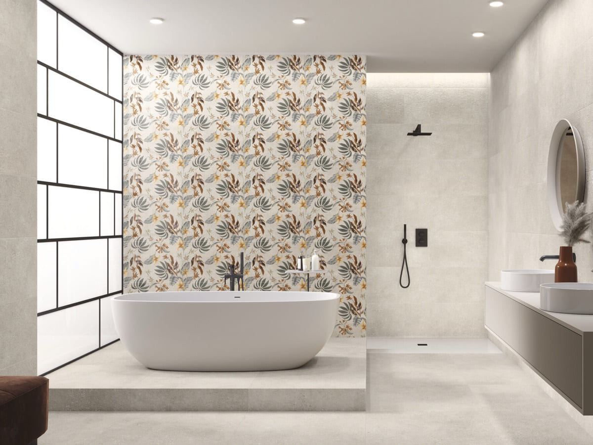 Asphalt Off White ceramic tiles fitted in a room, white, matt