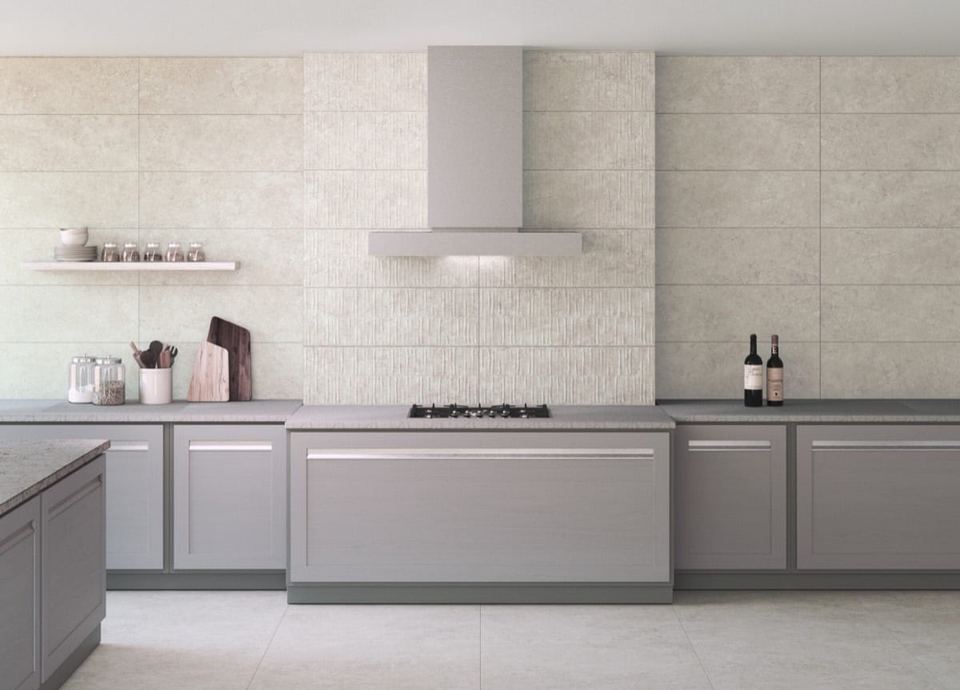 RLV Babilon Bone ceramic tiles fitted in a room, cream & beige, matt