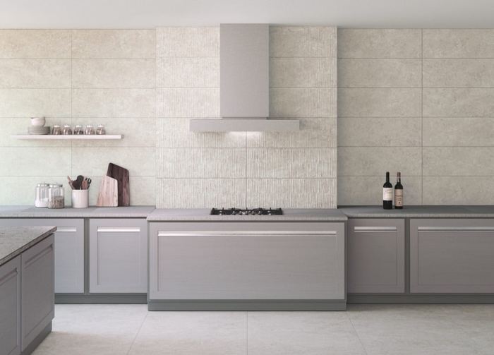 RLV Babilon Bone ceramic tiles fitted in a room, cream & beige, matt