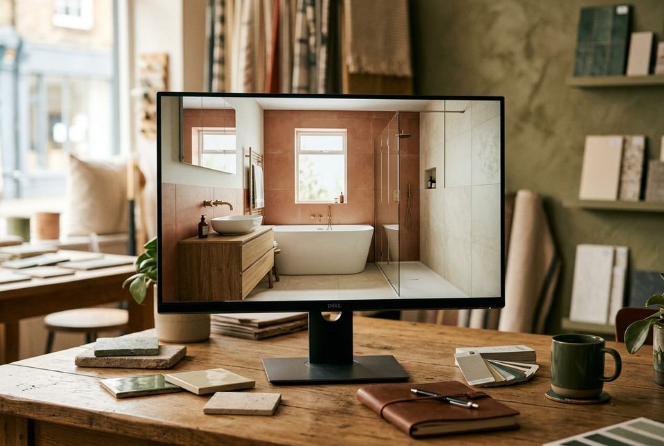 A 3D bathroom visual on the designer's screen