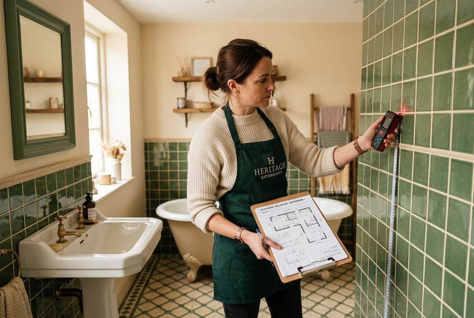 A designer measuring a bathroom in the showroom
