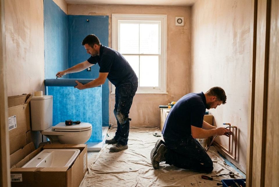 Homematas fitters tanking and plumbing a bathroom