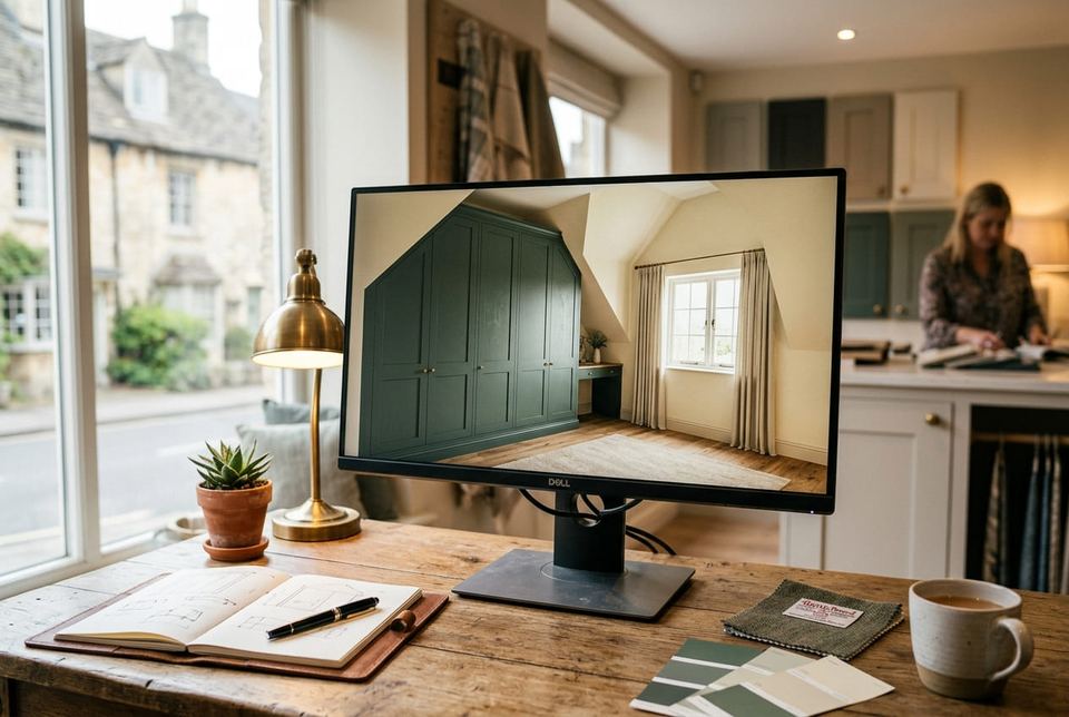 A 3D fitted-wardrobe visual on the designer's screen