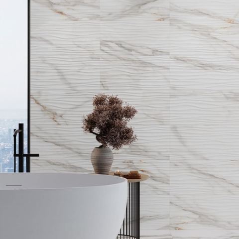 Bronzatta Sea White porcelain tiles fitted in a room, marble-effect, matt