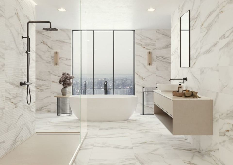 Bronzatta White porcelain tiles fitted in a room, marble-effect, matt