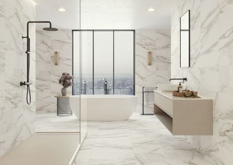 Bronzatta White porcelain tiles fitted in a room, marble-effect, matt