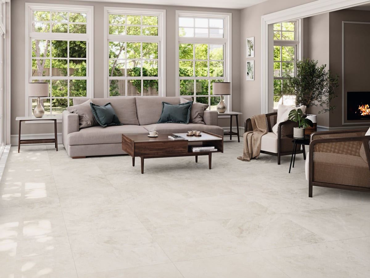 Byron Bay Almond porcelain tiles fitted in a room, cream & beige, matt