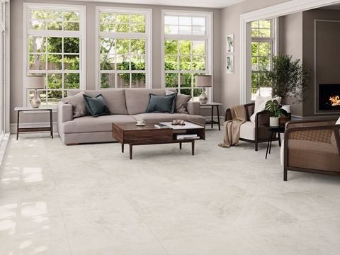 Byron Bay Almond porcelain tiles fitted in a room, cream & beige, matt