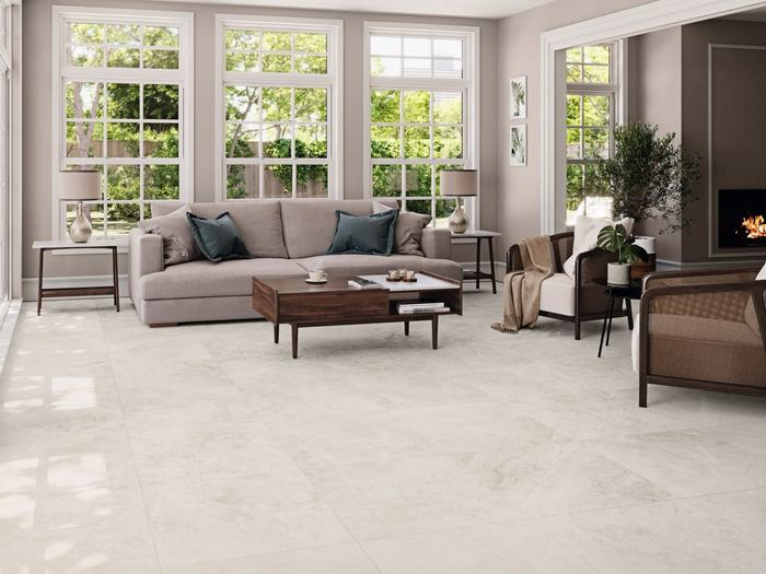 Byron Bay Almond porcelain tiles fitted in a room, cream & beige, matt