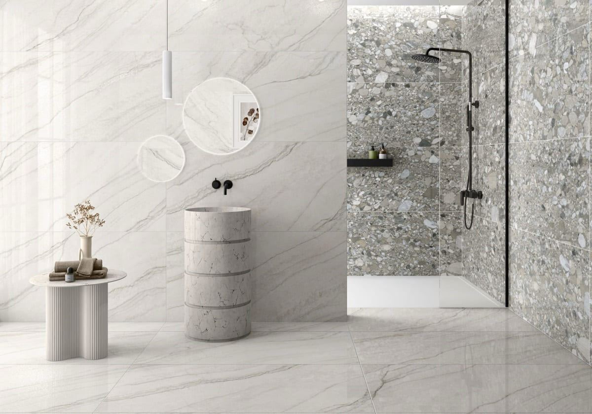 Caelum Blanco porcelain tiles fitted in a room, marble-effect, gloss & polished