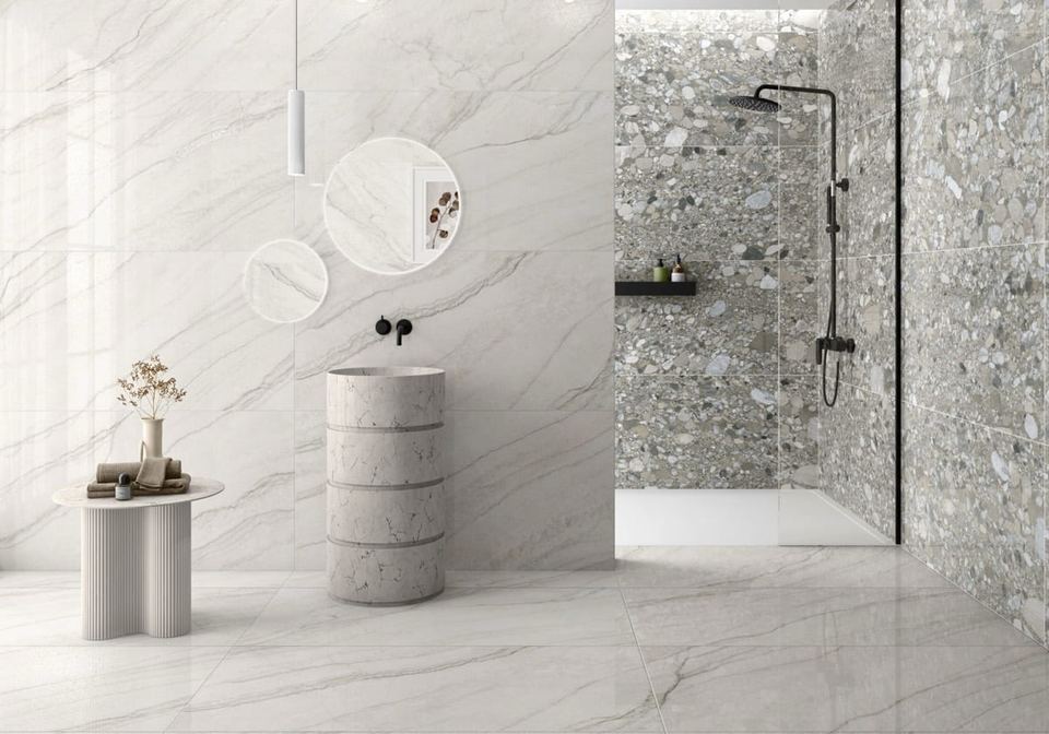 Caelum Blanco porcelain tiles fitted in a room, marble-effect, gloss & polished