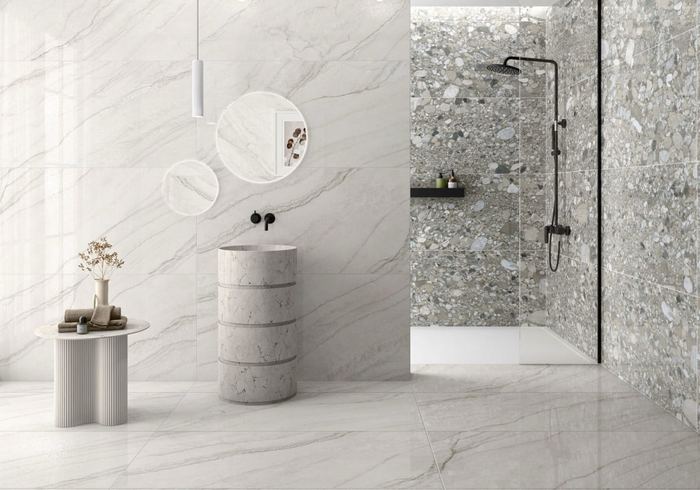 Caelum Blanco porcelain tiles fitted in a room, marble-effect, gloss & polished