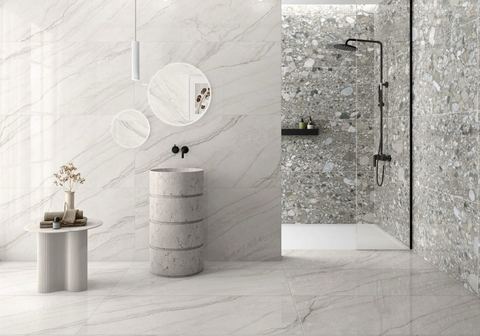 Caelum Blanco porcelain tiles fitted in a room, marble-effect, gloss & polished