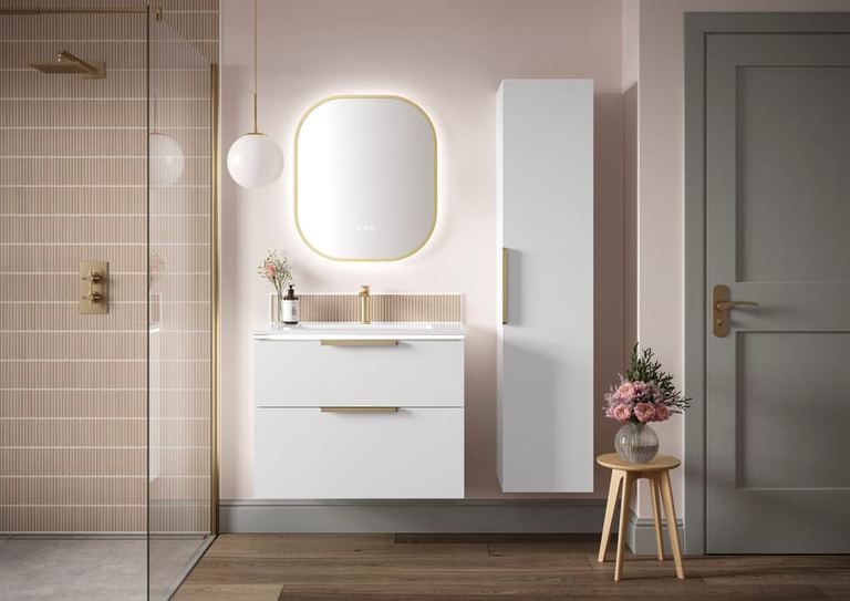 Aurelia vanity unit in Muted White with a lit mirror
