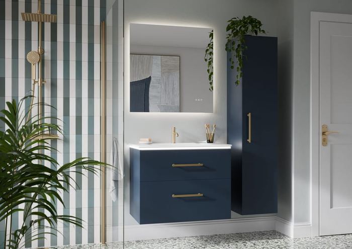 Aurelia vanity unit in Navy Blue against a striped wall