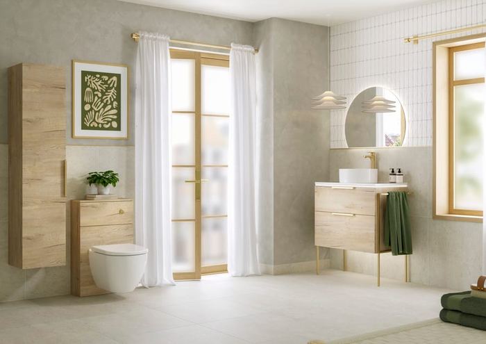 Aurelia vanity unit in Nordic Oak beside full-height curtains