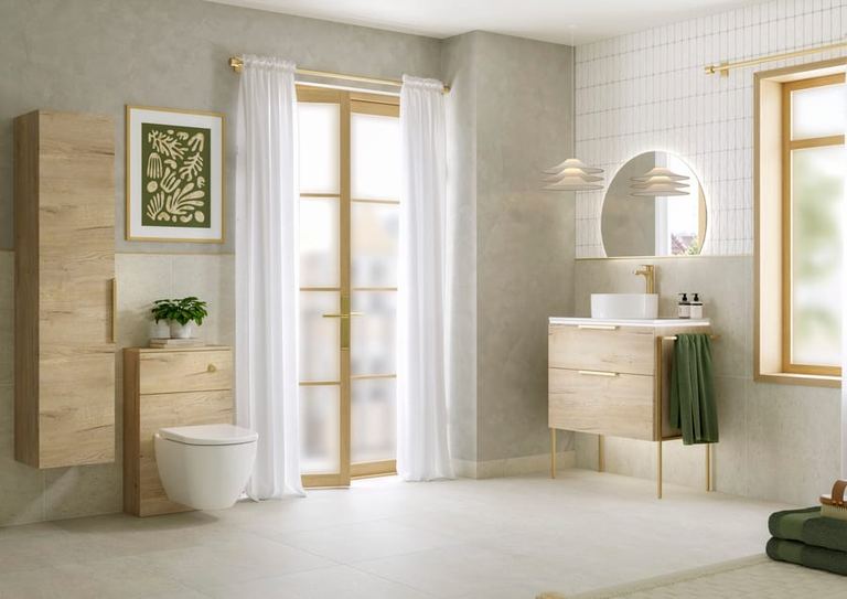 Aurelia vanity unit in Nordic Oak beside full-height curtains