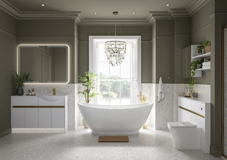 Bowland fitted run in Frost White with a freestanding bath
