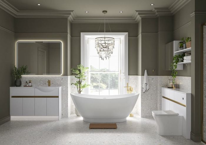 Bowland fitted run in Frost White with a freestanding bath