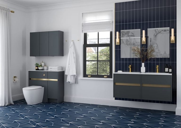 Bowland fitted run in Blueberry with a blue tiled floor