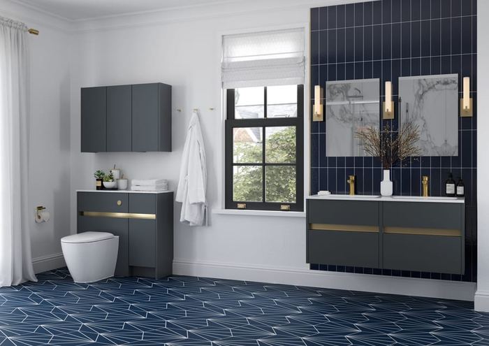Bowland fitted run in Blueberry with a blue tiled floor