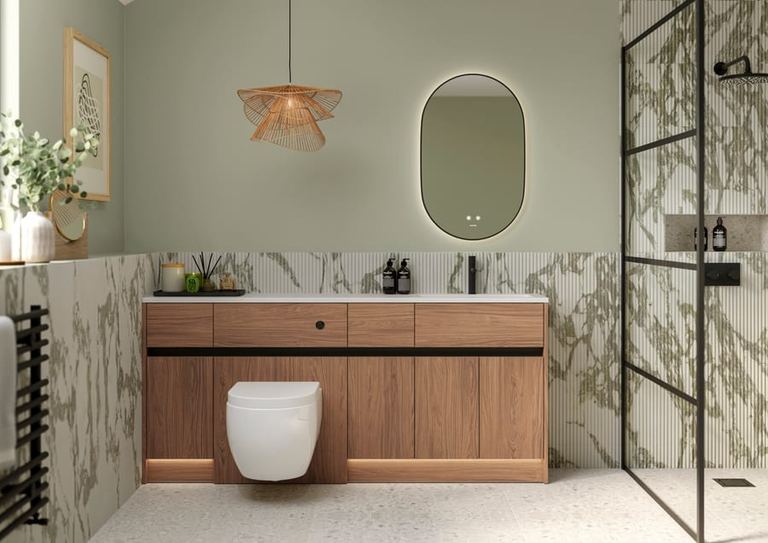 Bowland double vanity in Weathered Oak with a marble surround