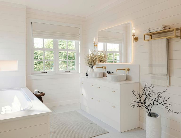 Brecon fitted run in Soft White with a freestanding bath