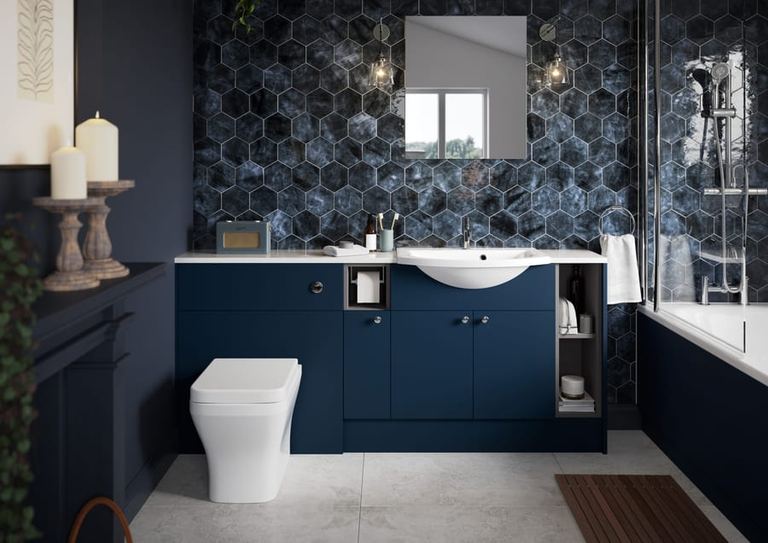 Brecon fitted run in Dark Sapphire against hexagonal tiling
