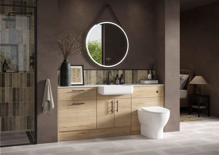 Brecon vanity in Persian Walnut with a round mirror