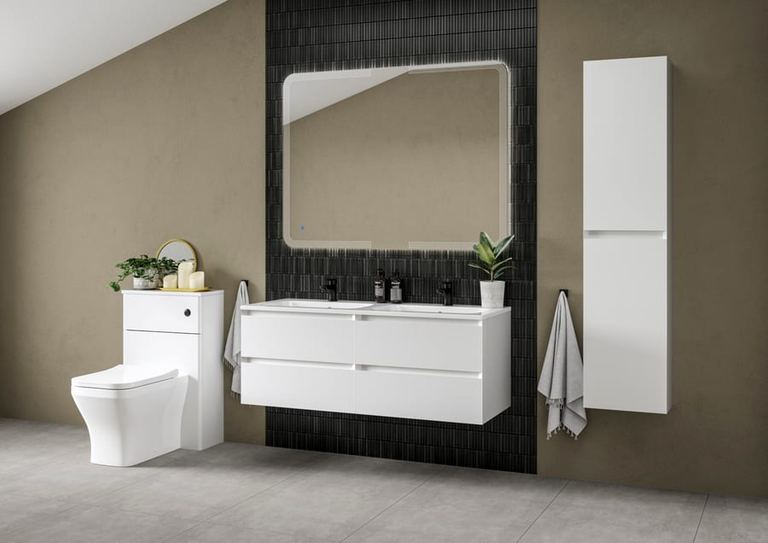 Brenta vanity unit in Pearly White with a tall unit