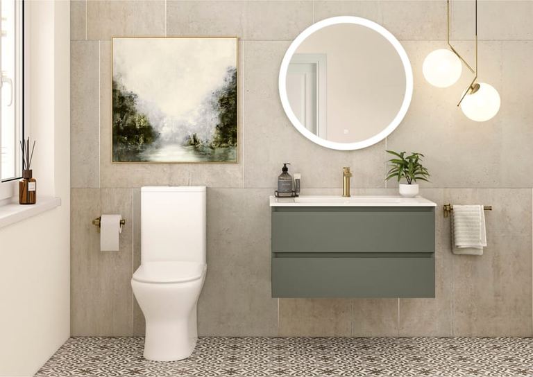 Brenta vanity unit in Warm Sage on a patterned floor