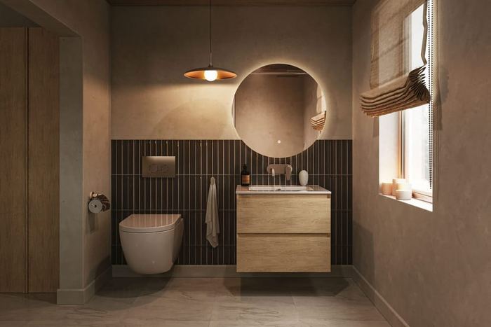Brenta vanity unit in Nordic Oak below a pendant light