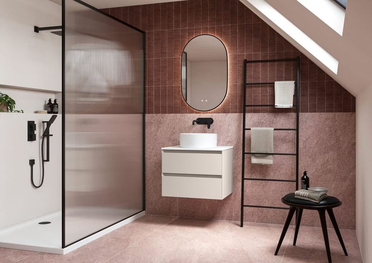 Brenta vanity unit in Pearly White in a loft bathroom