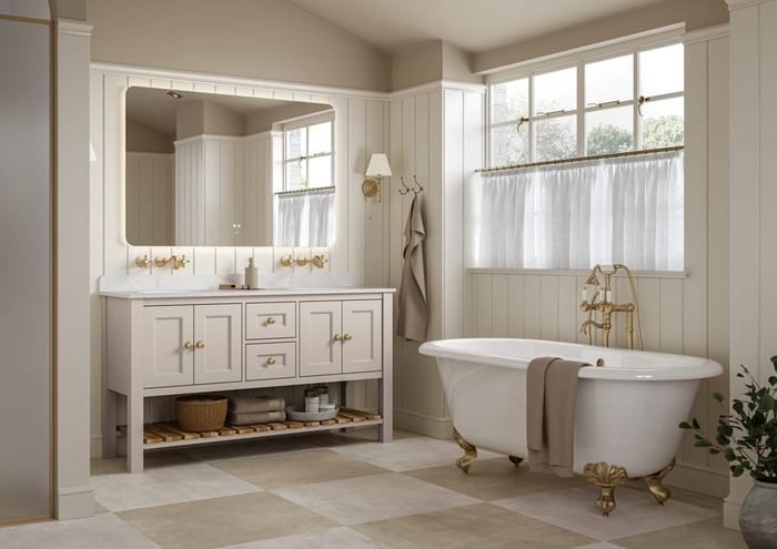 Charlbury vanity in Cotton White with a roll-top bath