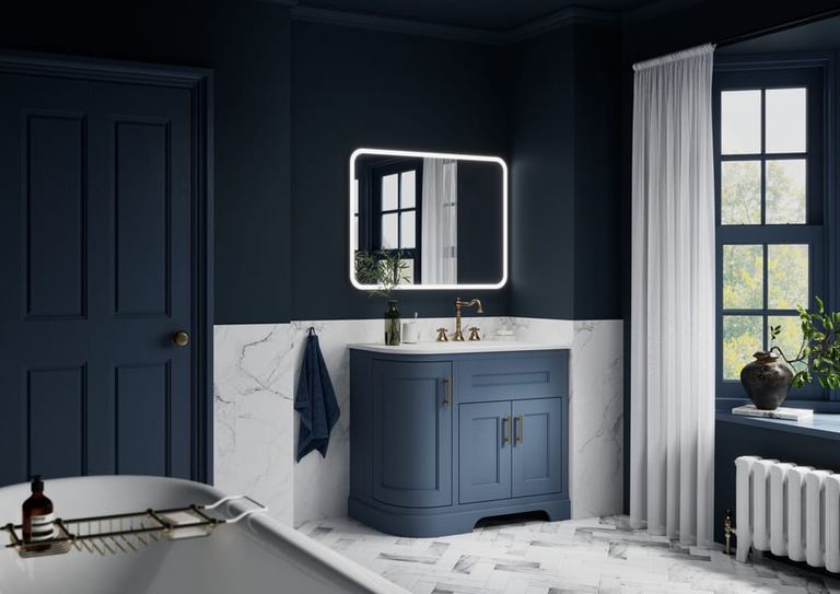 Charlbury curved vanity in Lagoon Mist with a marble surround