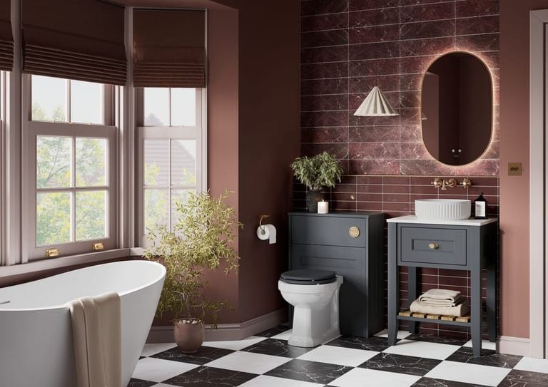 Charlbury washstand in Slate against burgundy brick tiling