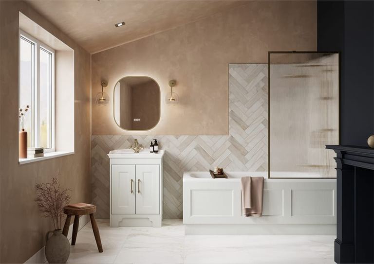 Chelworth vanity in Contour White Aspen on a herringbone floor
