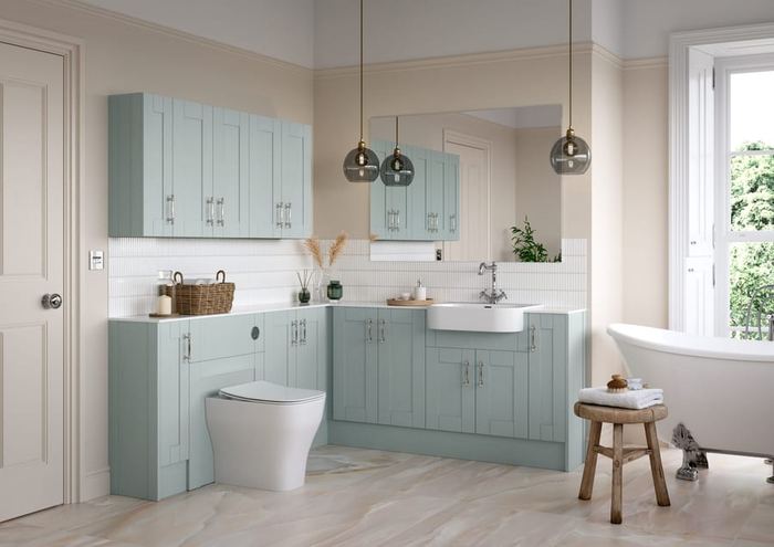 Chelworth vanity run in Contour Blue Sage beside a bath