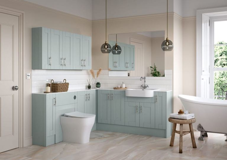 Chelworth vanity run in Contour Blue Sage beside a bath