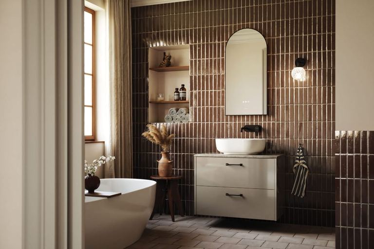Cheviot fitted run in Champagne with brown brick tiling and a bath
