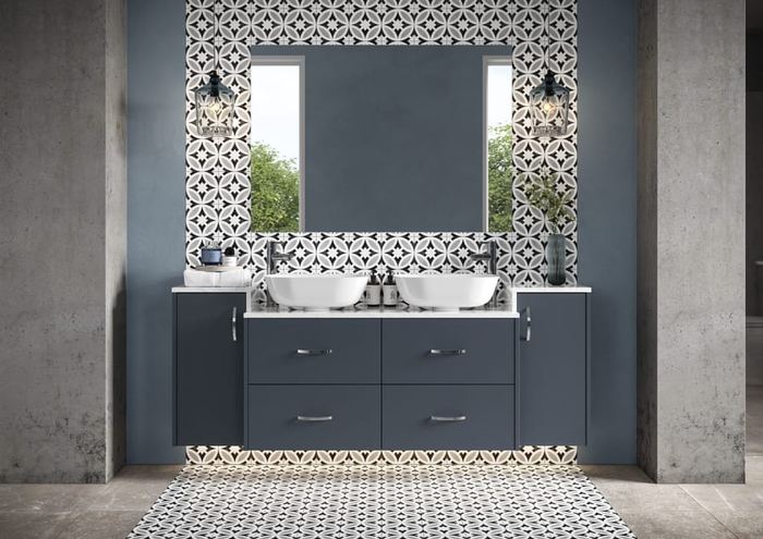 Cheviot twin basin run in Blueberry with patterned tiling